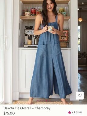 NATURAL LIFE Dakota Chambray Tie-Strap Wide-Leg Overalls-XXL